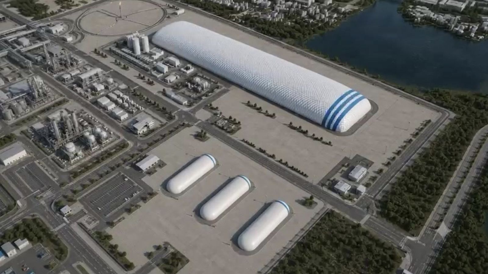 Concept rendering of a ComputeDome™ Dome with adjacent long-duration energy storage and industrial infrastructure