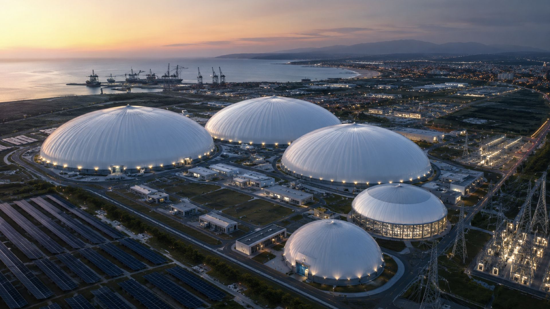 Concept rendering of a multi-dome ComputeDome™ campus at dusk beside a port, with an adjacent solar field and substation